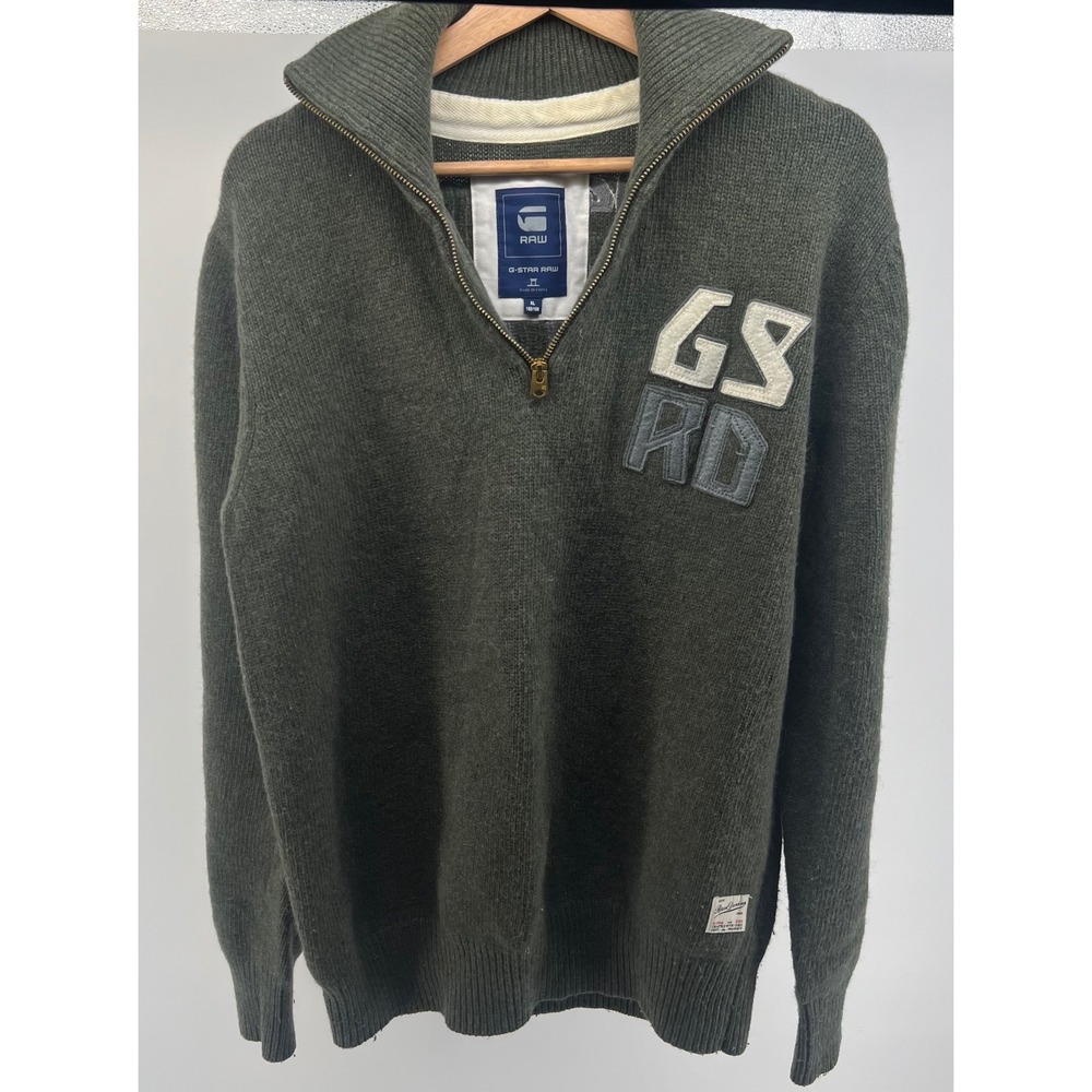 Y2K G Star Raw Men's Green Lambs Wool Blend Quarter Zip Sweater Size XL